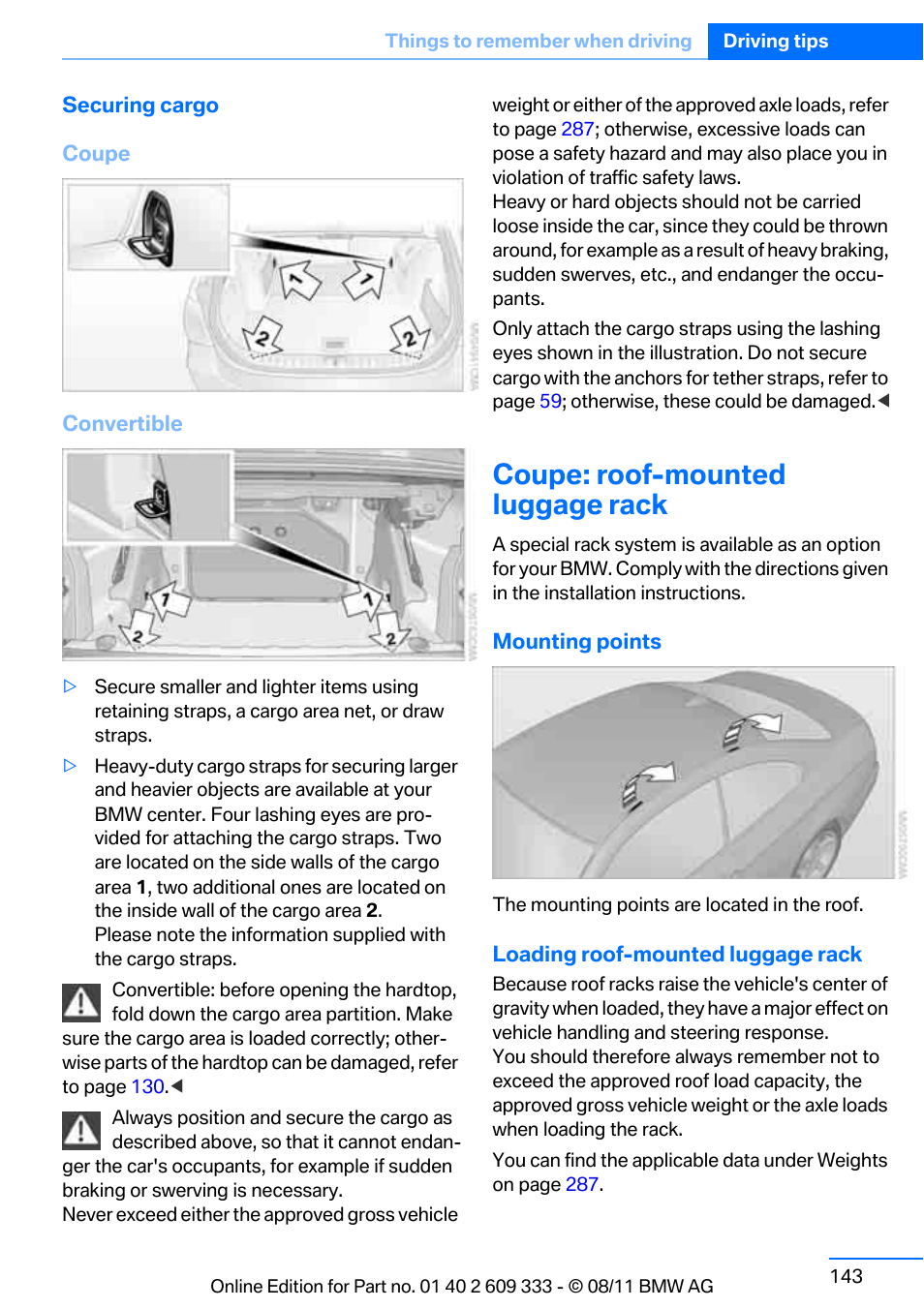 Coupe: roof-mounted luggage rack | BMW 2012 3 Series M3 Сoupe User Manual | Page 144 / 314