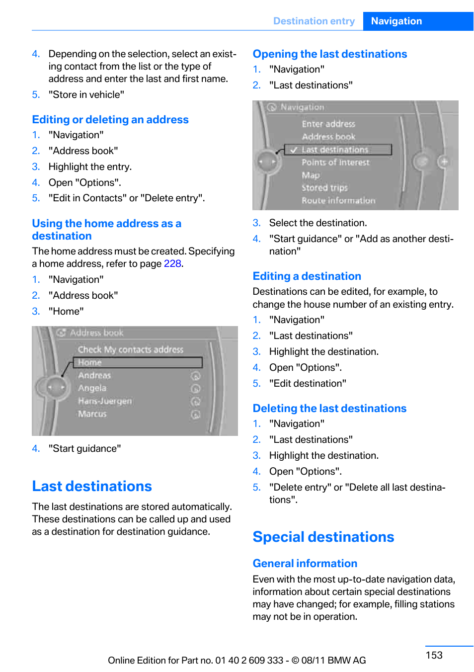 Last destinations, Special destinations | BMW 2012 3 Series M3 Сoupe User Manual | Page 154 / 314