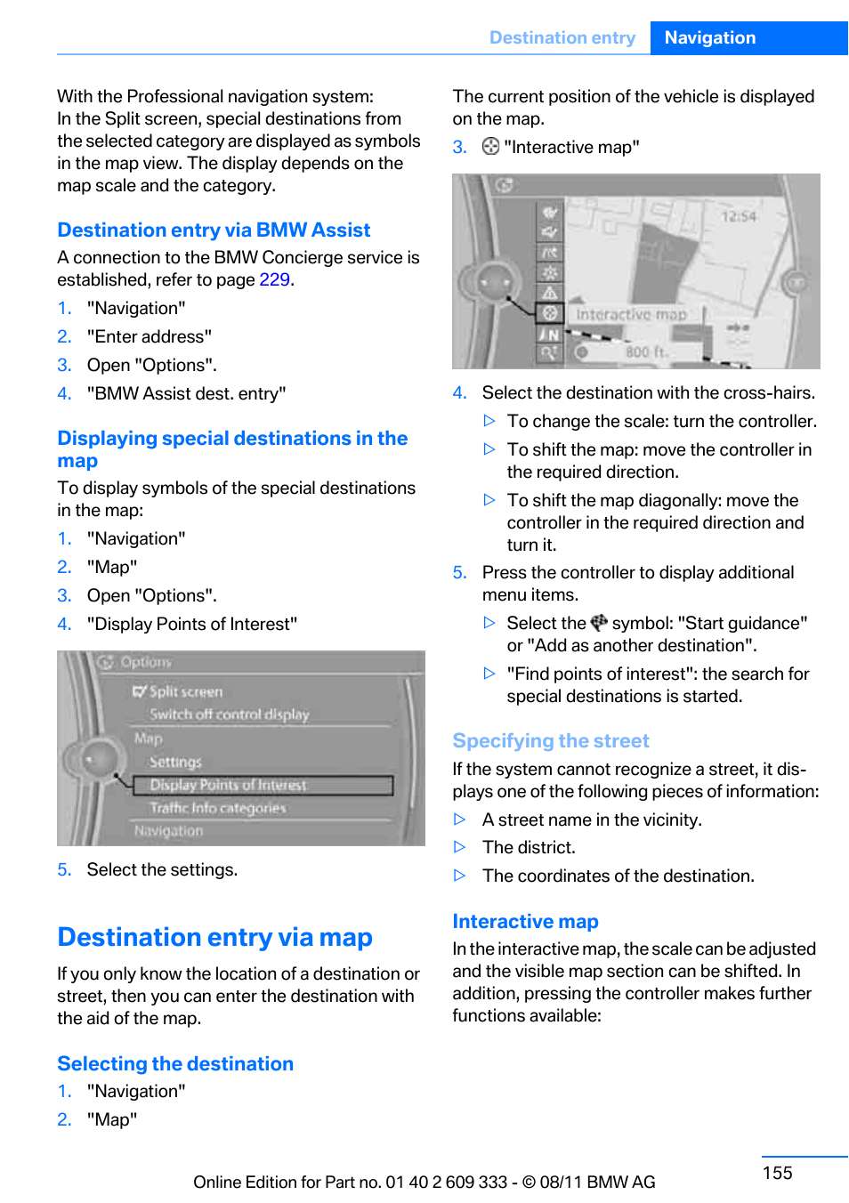 Destination entry via map | BMW 2012 3 Series M3 Сoupe User Manual | Page 156 / 314
