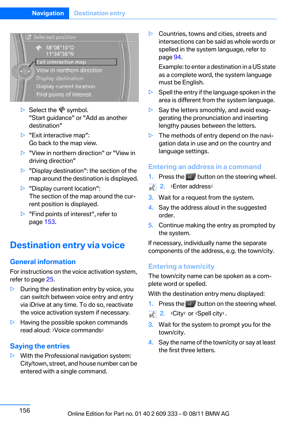 Destination entry via voice, Destination entry via voice, r | BMW 2012 3 Series M3 Сoupe User Manual | Page 157 / 314