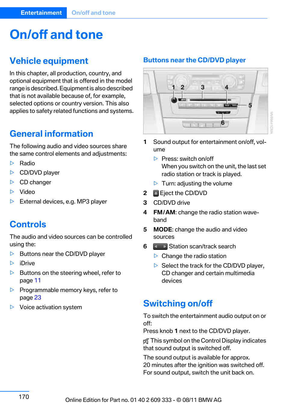 On/off and tone, Vehicle equipment, General information | Controls, Switching on/off | BMW 2012 3 Series M3 Сoupe User Manual | Page 171 / 314