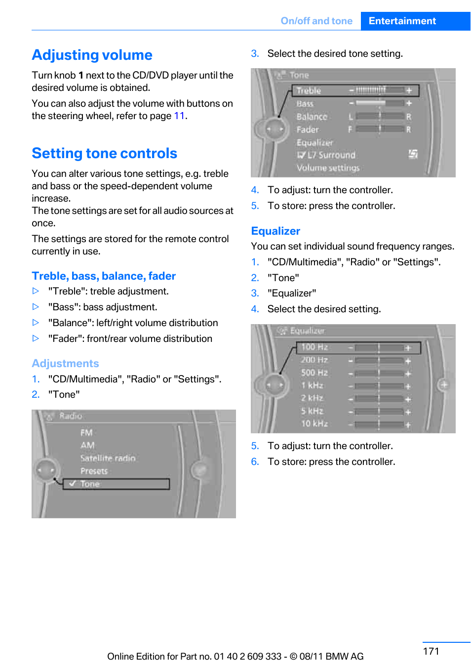 Adjusting volume, Setting tone controls | BMW 2012 3 Series M3 Сoupe User Manual | Page 172 / 314