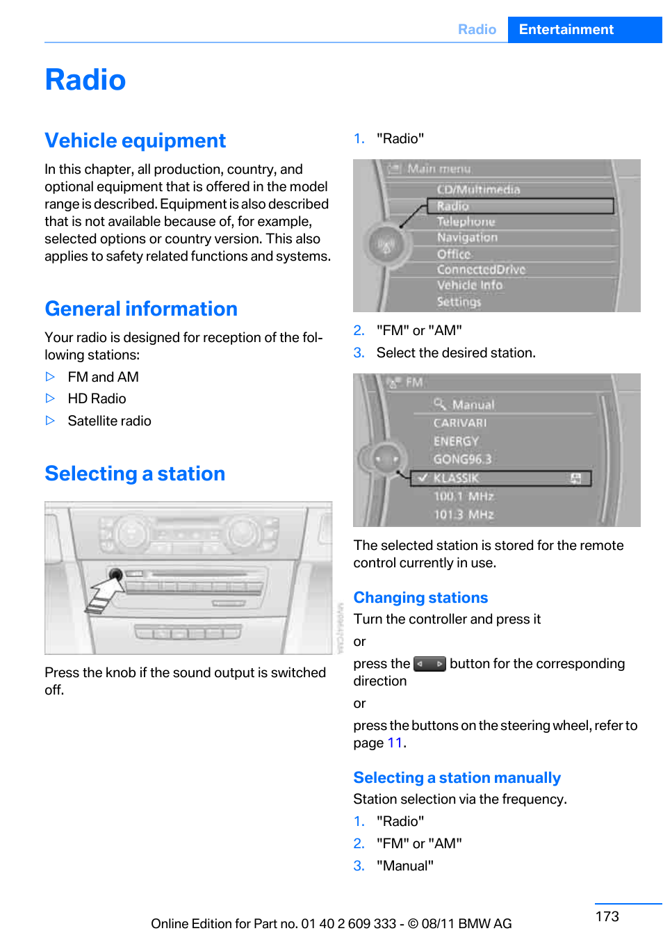 Radio, Vehicle equipment, General information | Selecting a station | BMW 2012 3 Series M3 Сoupe User Manual | Page 174 / 314