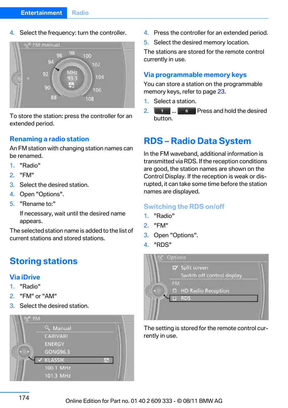 Storing stations, Rds - radio data system, Rds – radio data system | BMW 2012 3 Series M3 Сoupe User Manual | Page 175 / 314