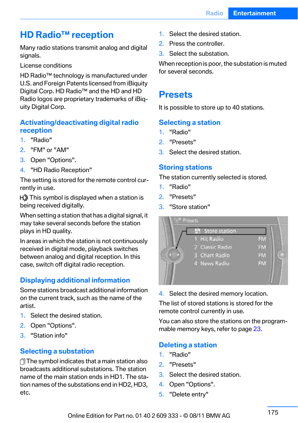 Hd radio™ reception, Presets | BMW 2012 3 Series M3 Сoupe User Manual | Page 176 / 314