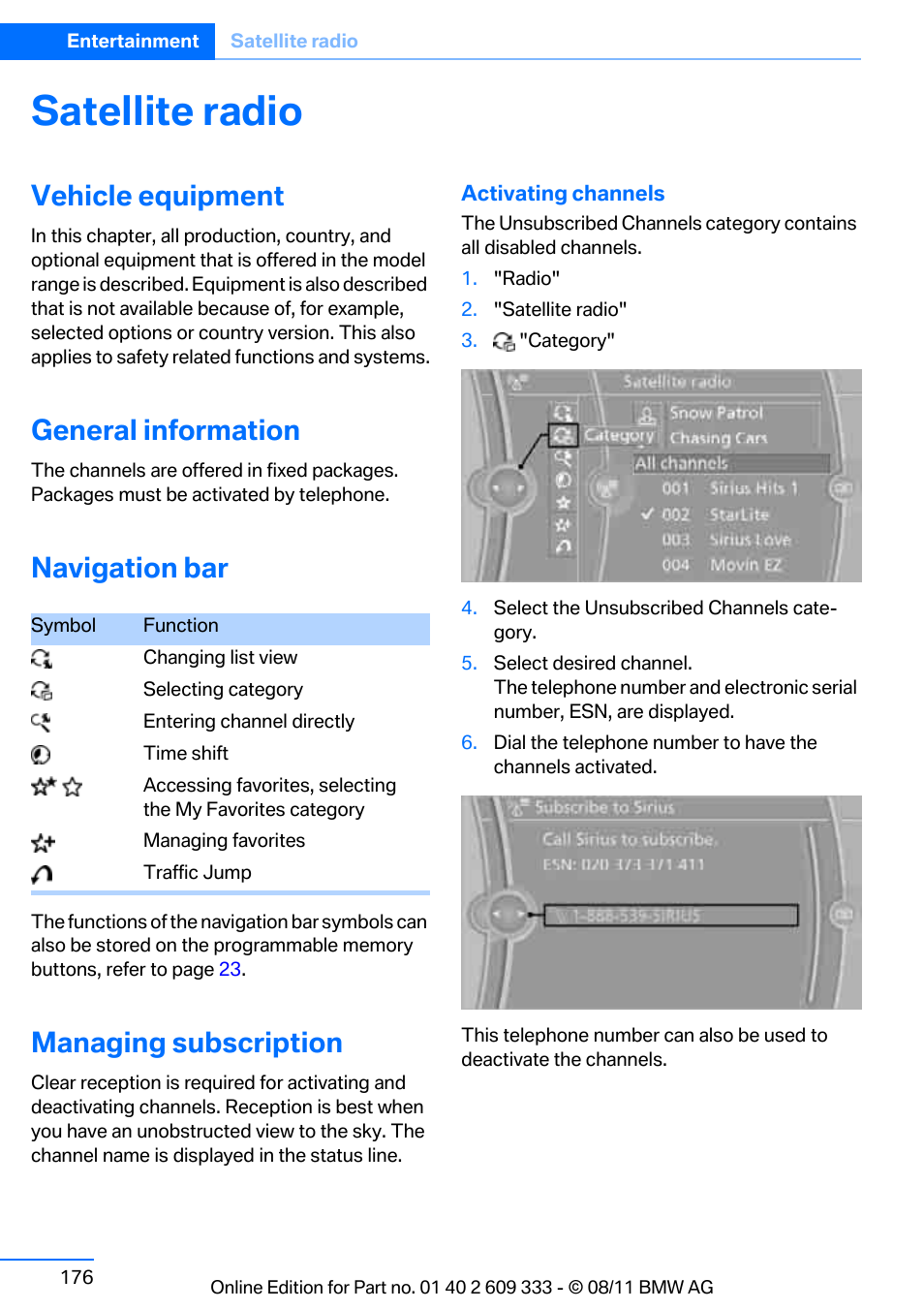 Satellite radio, Vehicle equipment, General information | Navigation bar, Managing subscription | BMW 2012 3 Series M3 Сoupe User Manual | Page 177 / 314