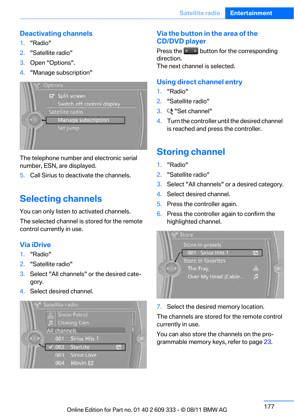 Selecting channels, Storing channel | BMW 2012 3 Series M3 Сoupe User Manual | Page 178 / 314