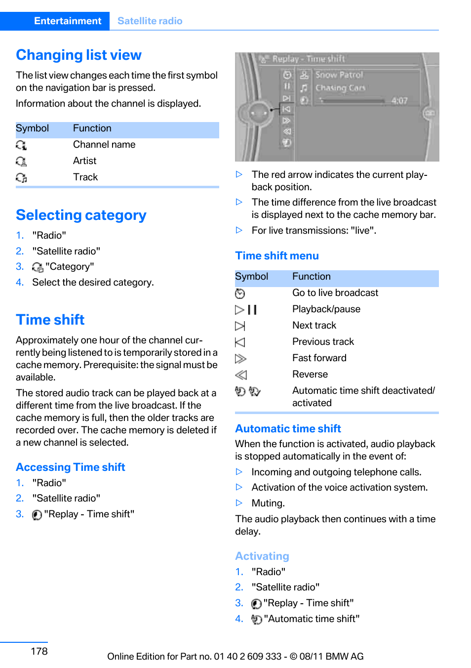 Changing list view, Selecting category, Time shift | BMW 2012 3 Series M3 Сoupe User Manual | Page 179 / 314