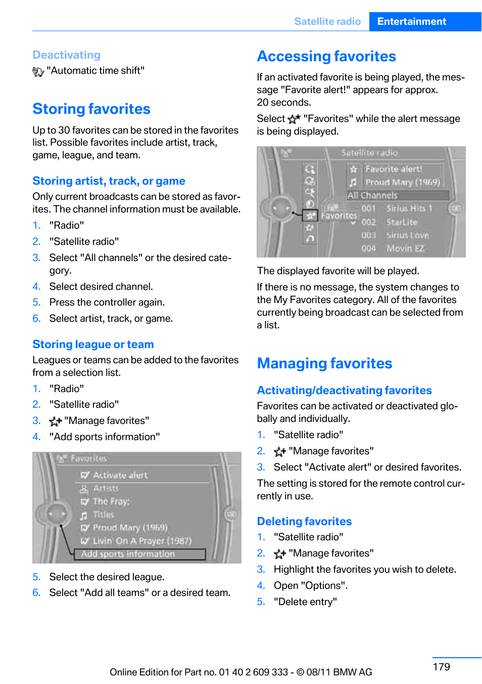 Storing favorites, Accessing favorites, Managing favorites | BMW 2012 3 Series M3 Сoupe User Manual | Page 180 / 314