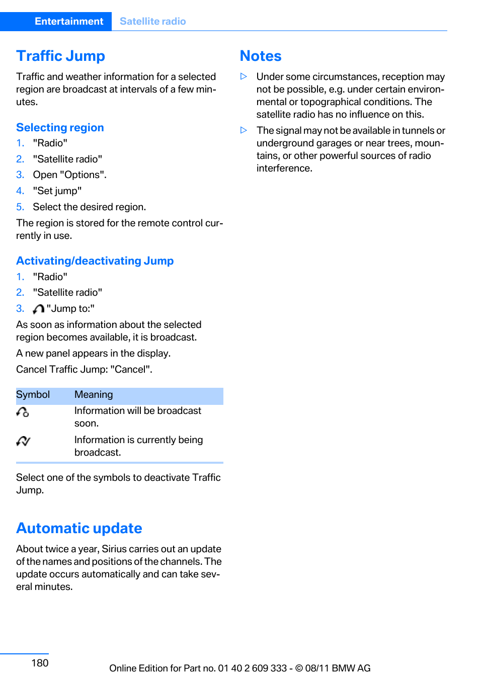 Traffic jump, Automatic update, Notes | BMW 2012 3 Series M3 Сoupe User Manual | Page 181 / 314