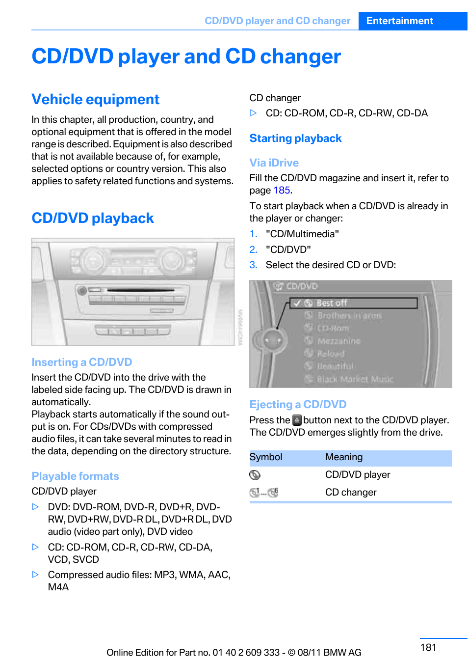 Cd/dvd player and cd changer, Vehicle equipment, Cd/dvd playback | BMW 2012 3 Series M3 Сoupe User Manual | Page 182 / 314