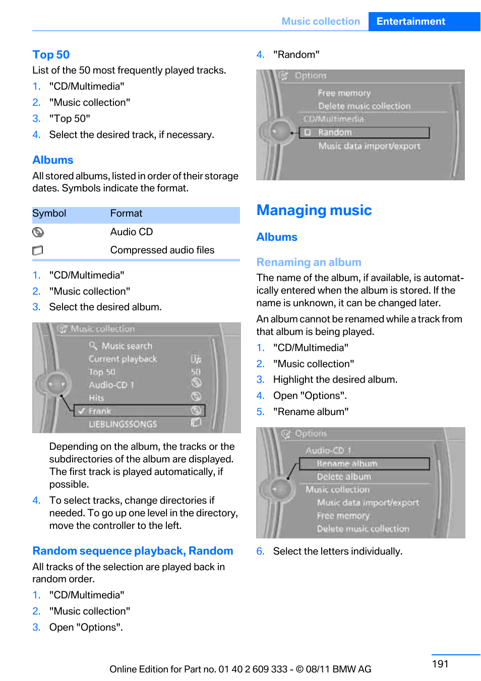 Managing music | BMW 2012 3 Series M3 Сoupe User Manual | Page 192 / 314