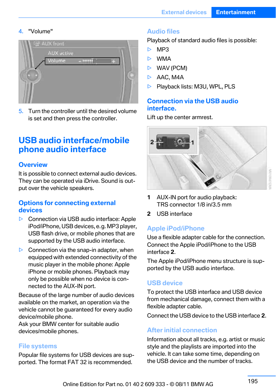 Usb audio interface/mobile phone audio interface | BMW 2012 3 Series M3 Сoupe User Manual | Page 196 / 314