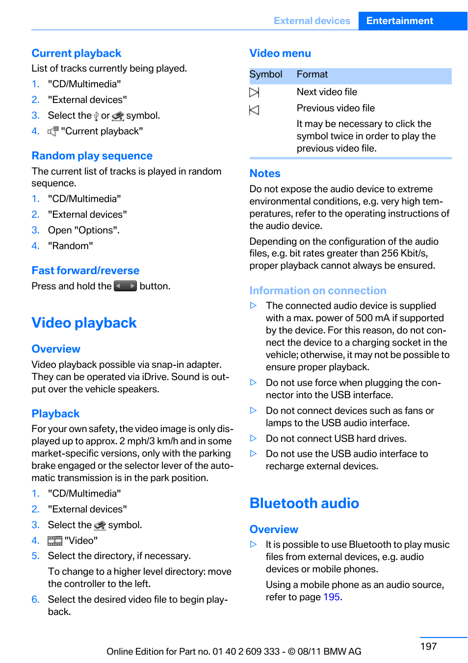 Video playback, Bluetooth audio | BMW 2012 3 Series M3 Сoupe User Manual | Page 198 / 314