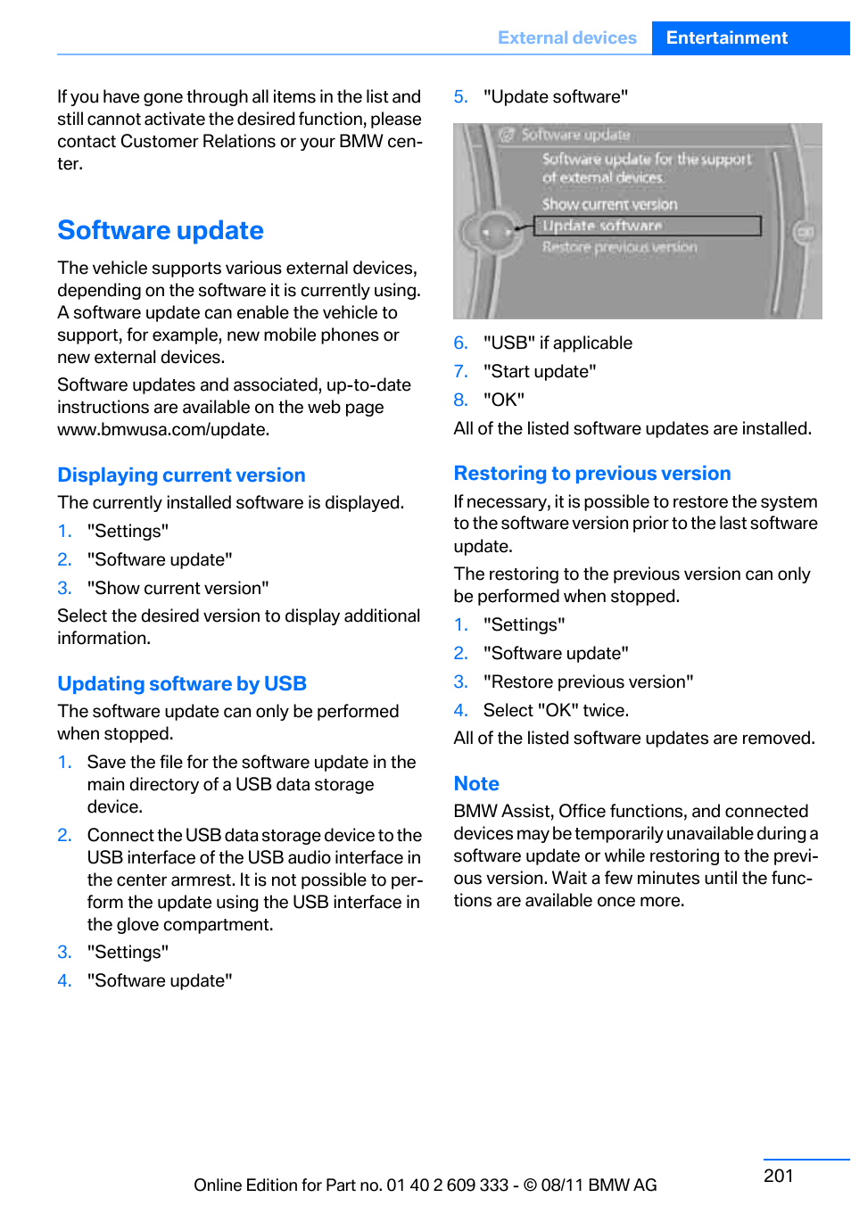 Software update | BMW 2012 3 Series M3 Сoupe User Manual | Page 202 / 314