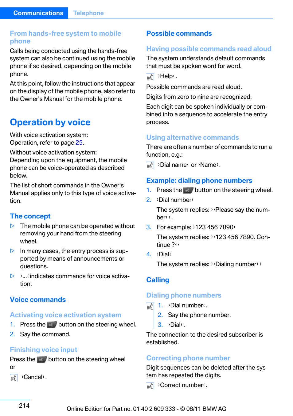 Operation by voice | BMW 2012 3 Series M3 Сoupe User Manual | Page 215 / 314