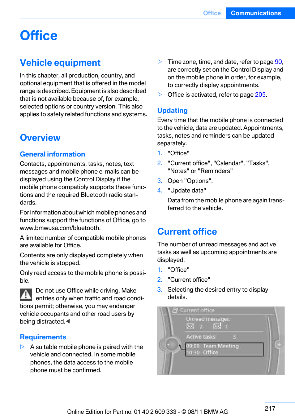 Office, Vehicle equipment, Overview | Current office | BMW 2012 3 Series M3 Сoupe User Manual | Page 218 / 314