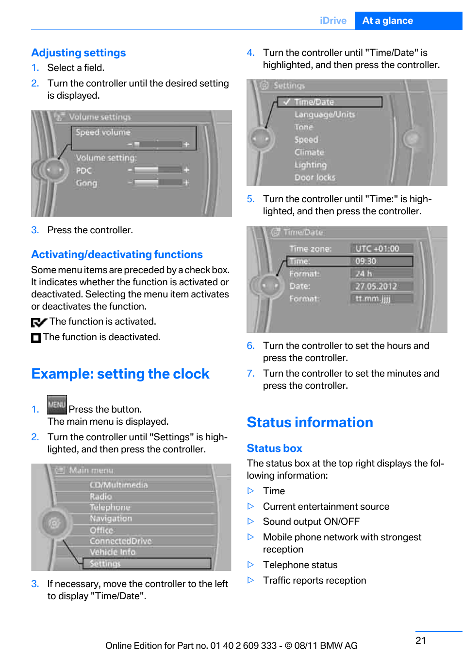 Example: setting the clock, Status information | BMW 2012 3 Series M3 Сoupe User Manual | Page 22 / 314