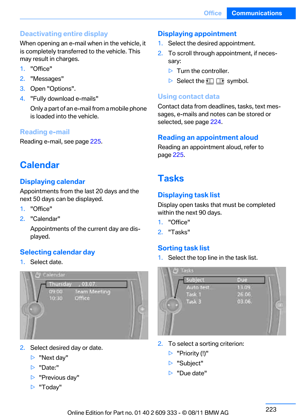 Calendar, Tasks | BMW 2012 3 Series M3 Сoupe User Manual | Page 224 / 314