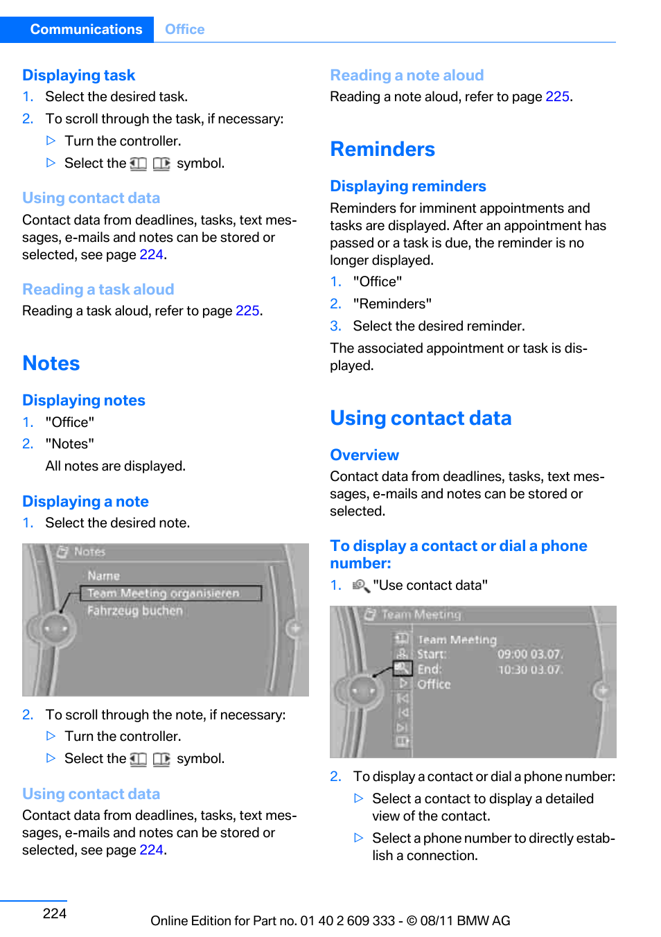 Notes, Reminders, Using contact data | BMW 2012 3 Series M3 Сoupe User Manual | Page 225 / 314