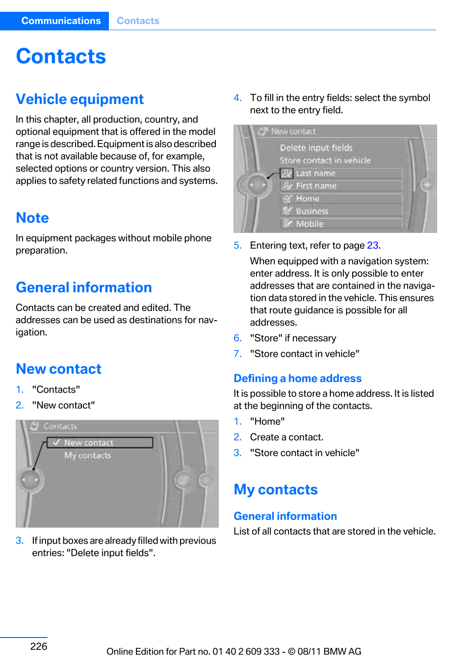 Contacts, Vehicle equipment, Note | General information, New contact, My contacts | BMW 2012 3 Series M3 Сoupe User Manual | Page 227 / 314