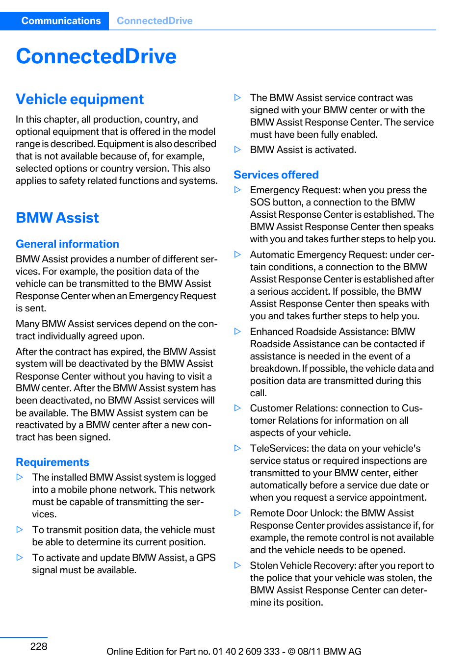 Connecteddrive, Vehicle equipment, Bmw assist | BMW 2012 3 Series M3 Сoupe User Manual | Page 229 / 314