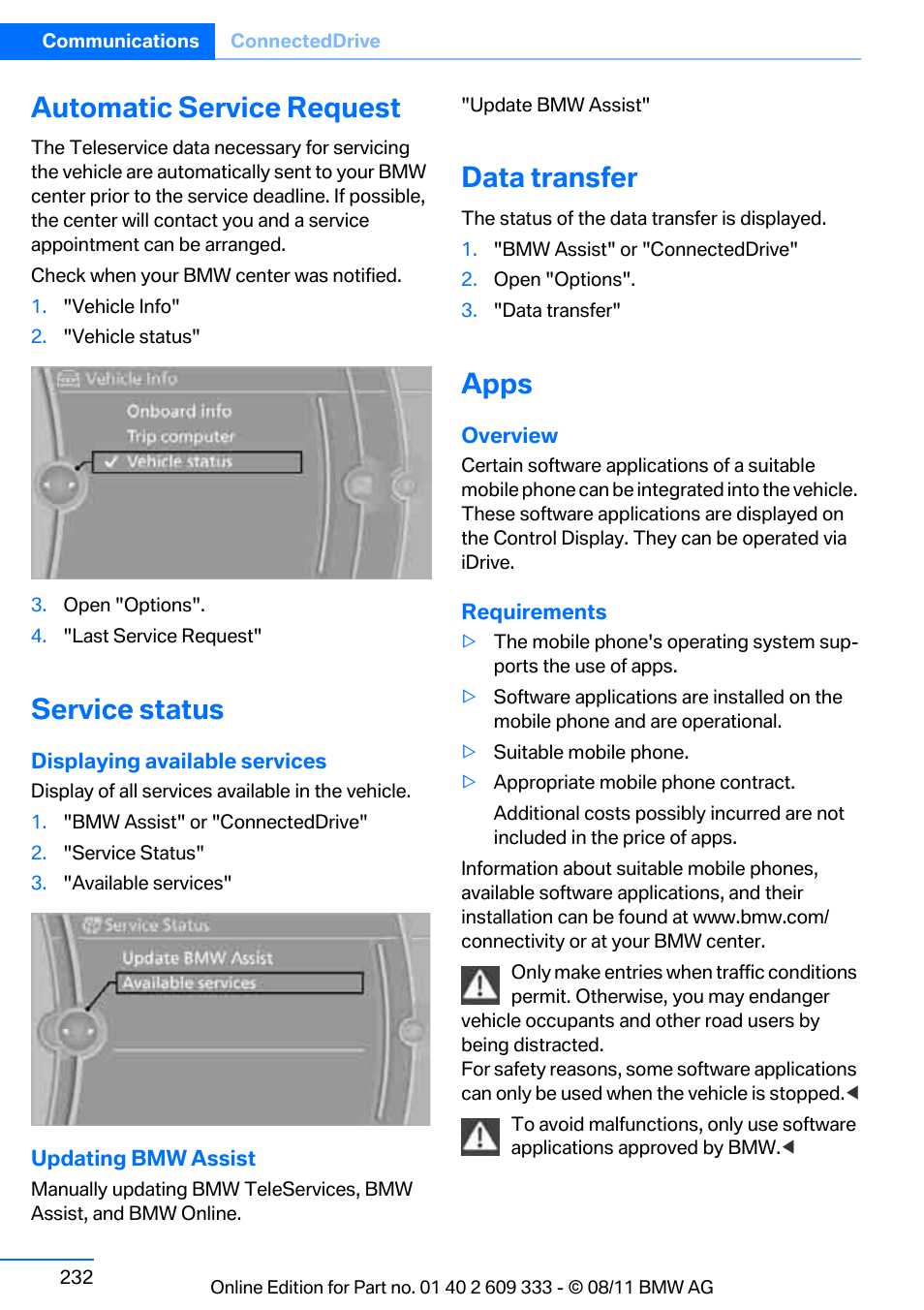 Automatic service request, Service status, Data transfer | Apps | BMW 2012 3 Series M3 Сoupe User Manual | Page 233 / 314