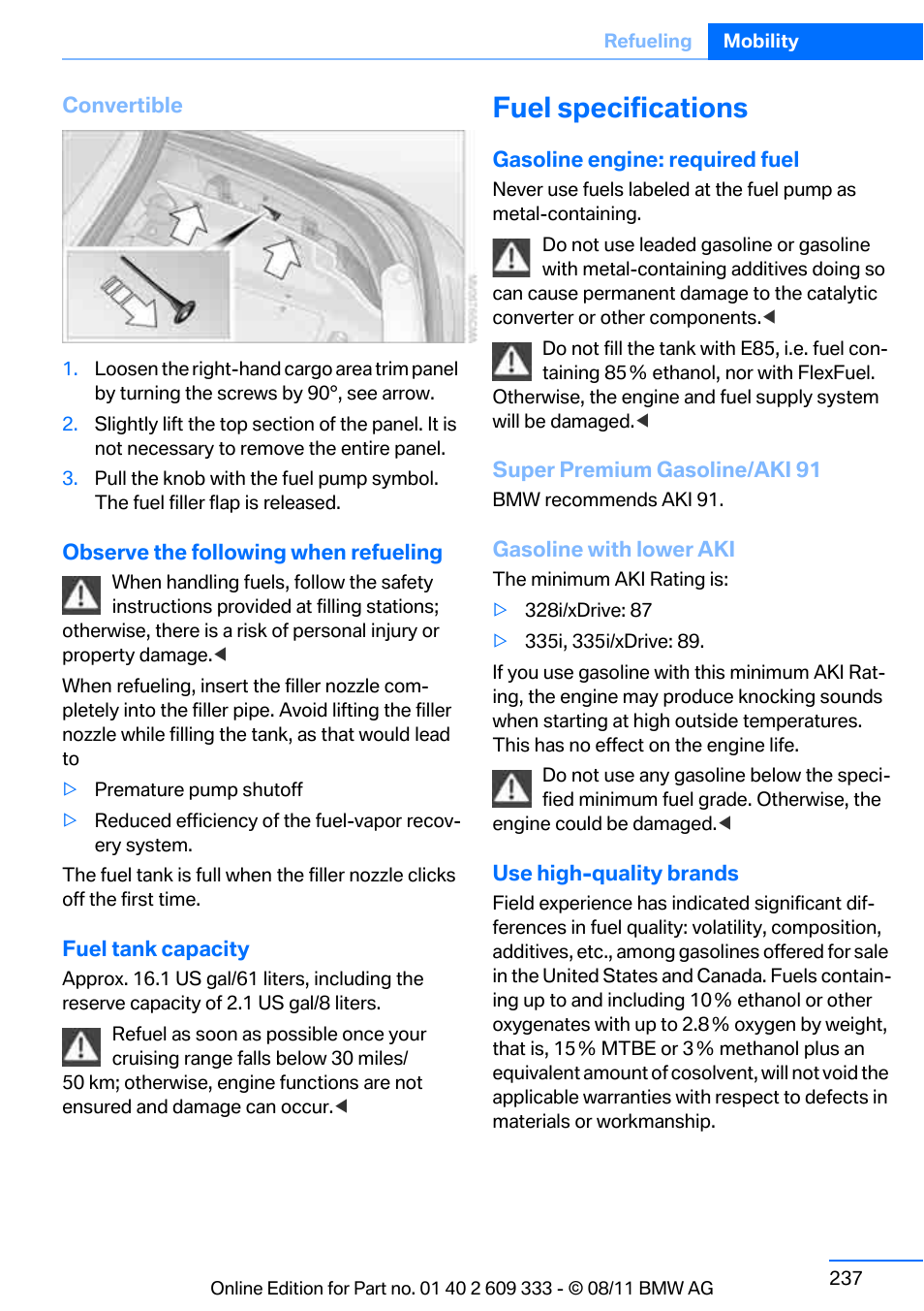 Fuel specifications | BMW 2012 3 Series M3 Сoupe User Manual | Page 238 / 314