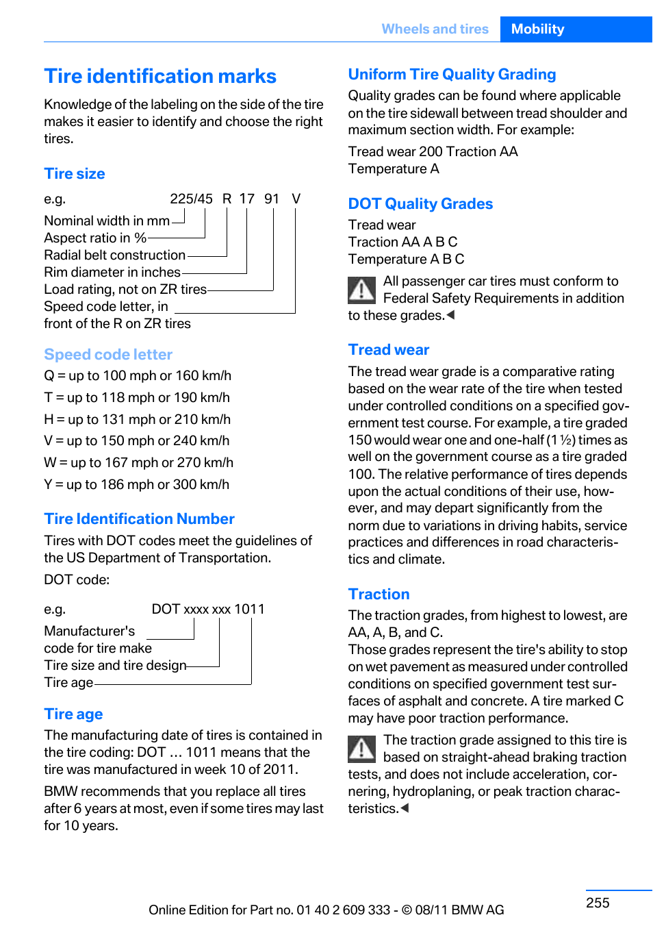 Tire identification marks | BMW 2012 3 Series M3 Сoupe User Manual | Page 256 / 314