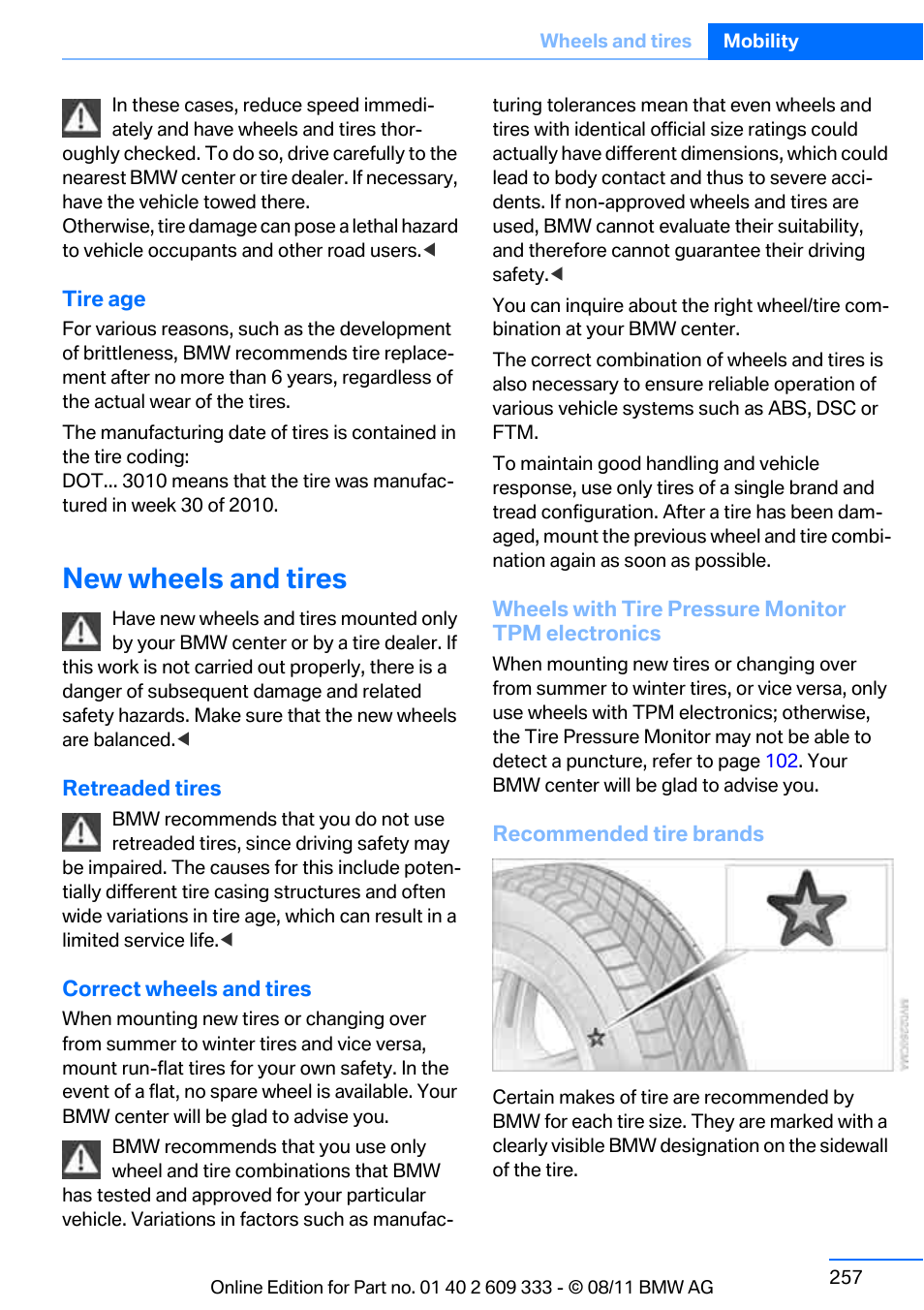 New wheels and tires | BMW 2012 3 Series M3 Сoupe User Manual | Page 258 / 314