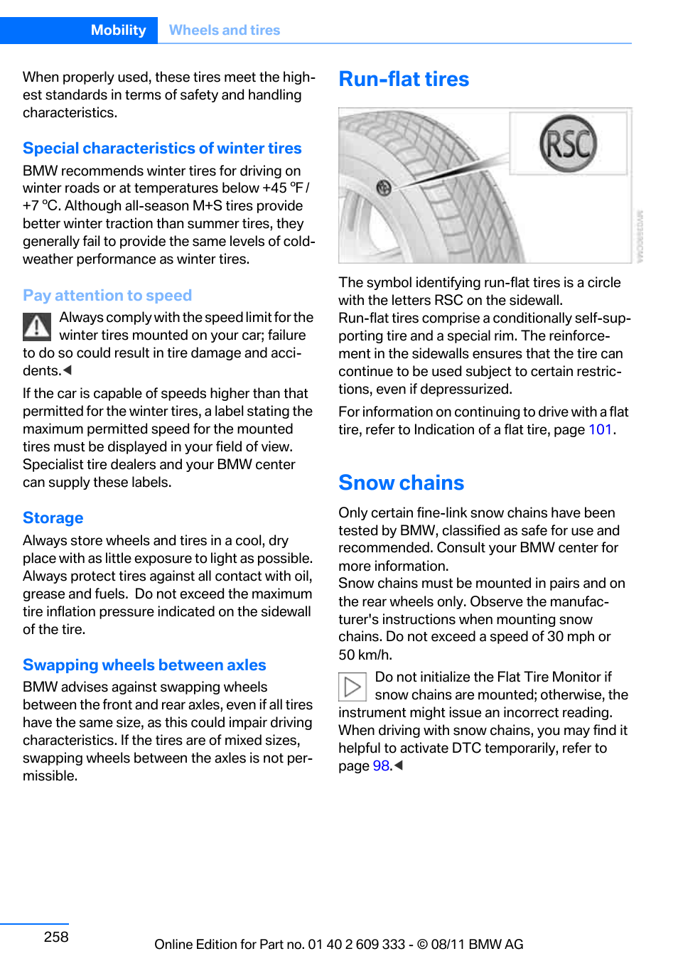 Run-flat tires, Snow chains | BMW 2012 3 Series M3 Сoupe User Manual | Page 259 / 314