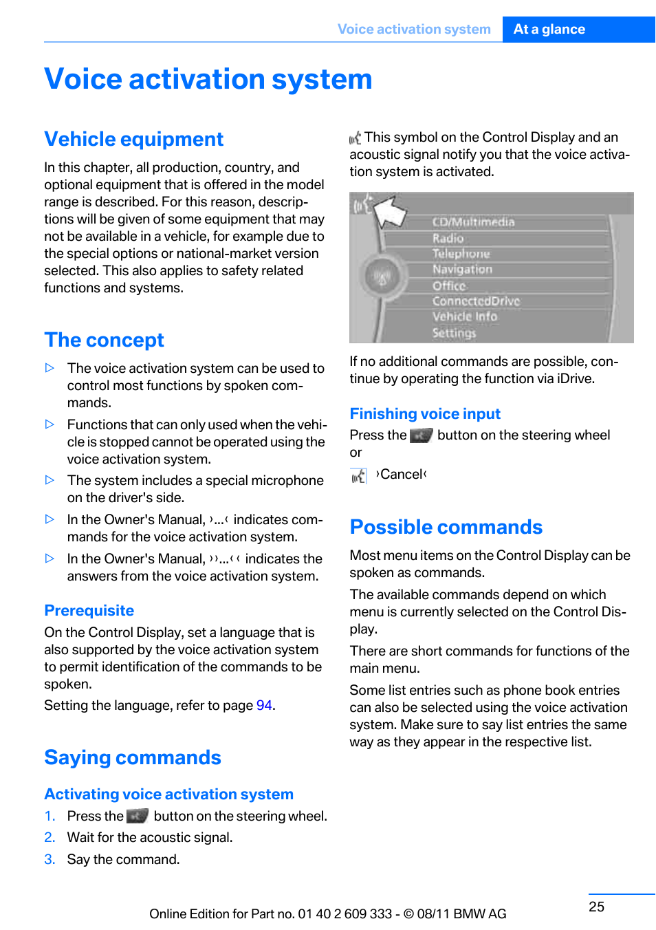 Voice activation system, Vehicle equipment, The concept | Saying commands, Possible commands | BMW 2012 3 Series M3 Сoupe User Manual | Page 26 / 314