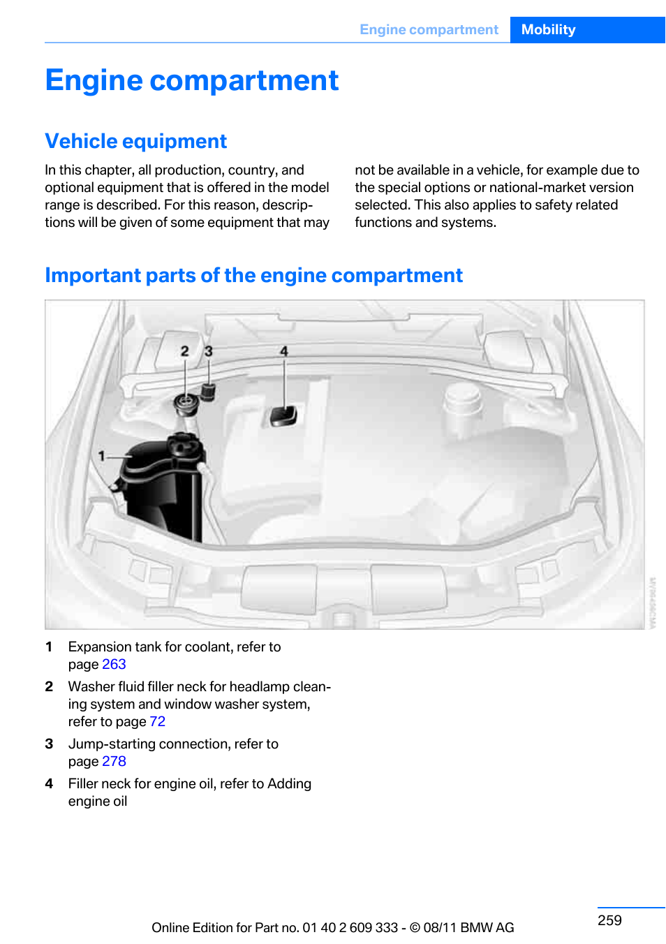 Engine compartment, Vehicle equipment, Important parts of the engine compartment | BMW 2012 3 Series M3 Сoupe User Manual | Page 260 / 314