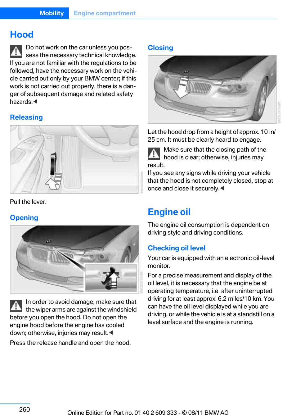 Hood, Engine oil, Il level | BMW 2012 3 Series M3 Сoupe User Manual | Page 261 / 314