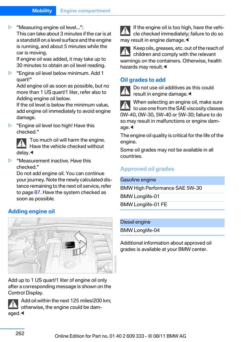 Adding, Engine oil | BMW 2012 3 Series M3 Сoupe User Manual | Page 263 / 314