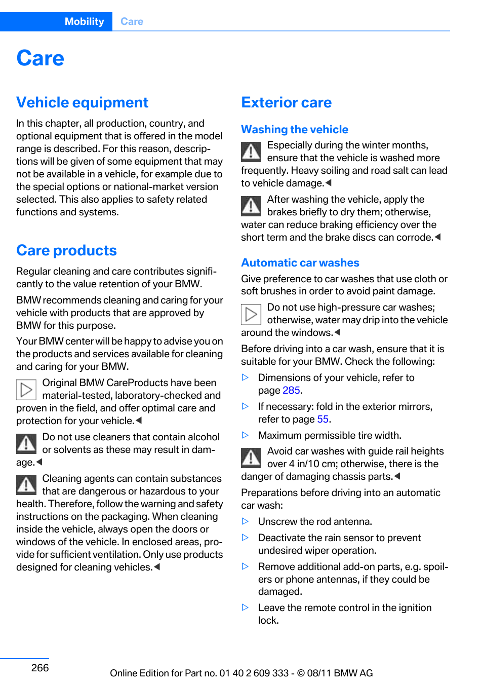 Care, Vehicle equipment, Care products | Exterior care | BMW 2012 3 Series M3 Сoupe User Manual | Page 267 / 314