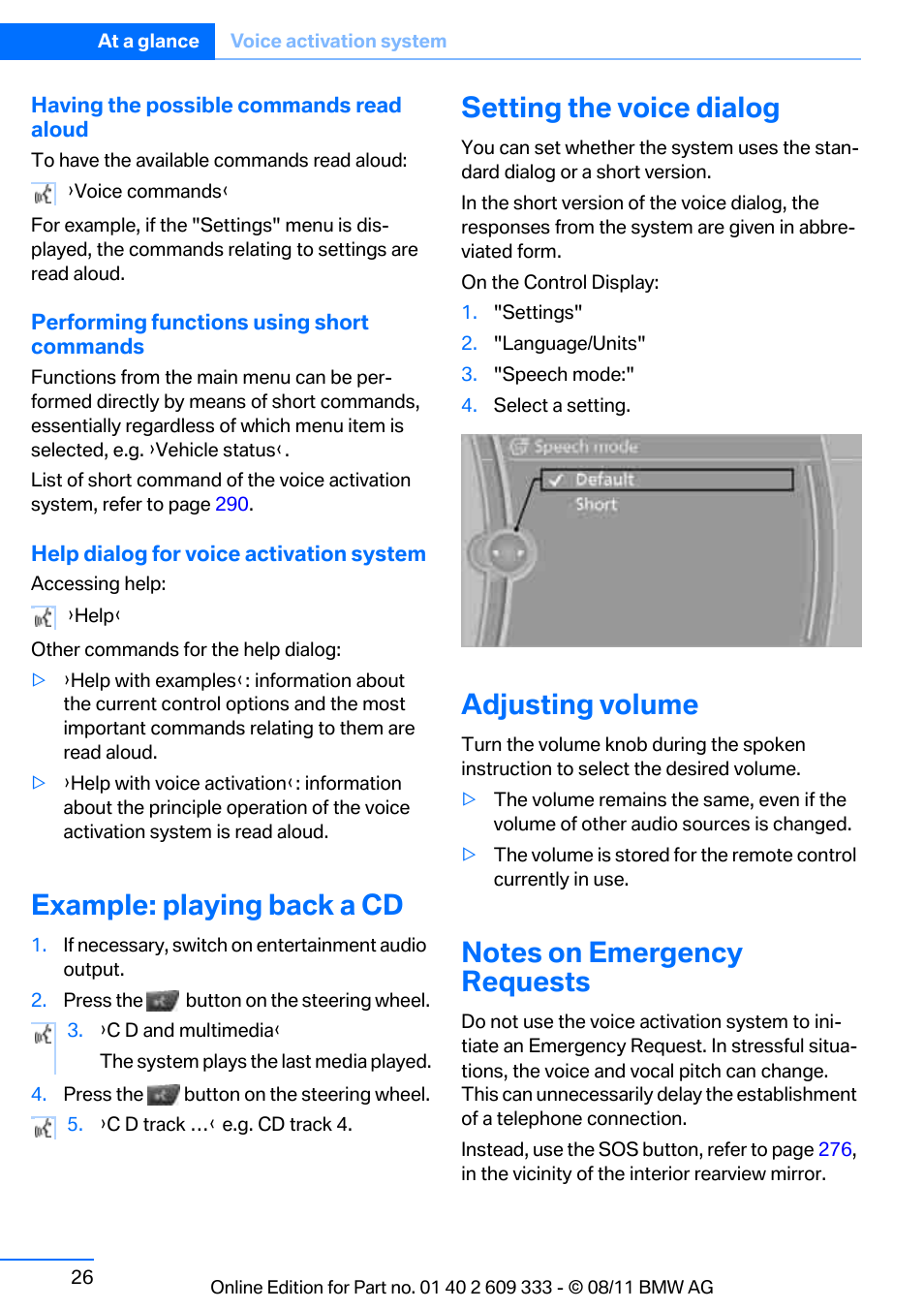 Example: playing back a cd, Setting the voice dialog, Adjusting volume | Notes on emergency requests | BMW 2012 3 Series M3 Сoupe User Manual | Page 27 / 314