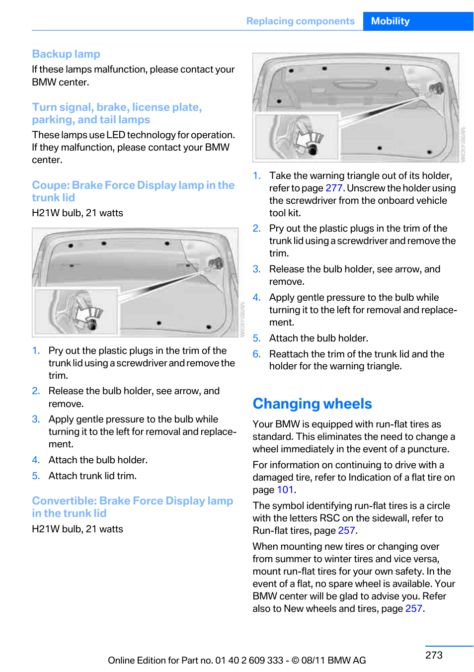 Changing wheels | BMW 2012 3 Series M3 Сoupe User Manual | Page 274 / 314