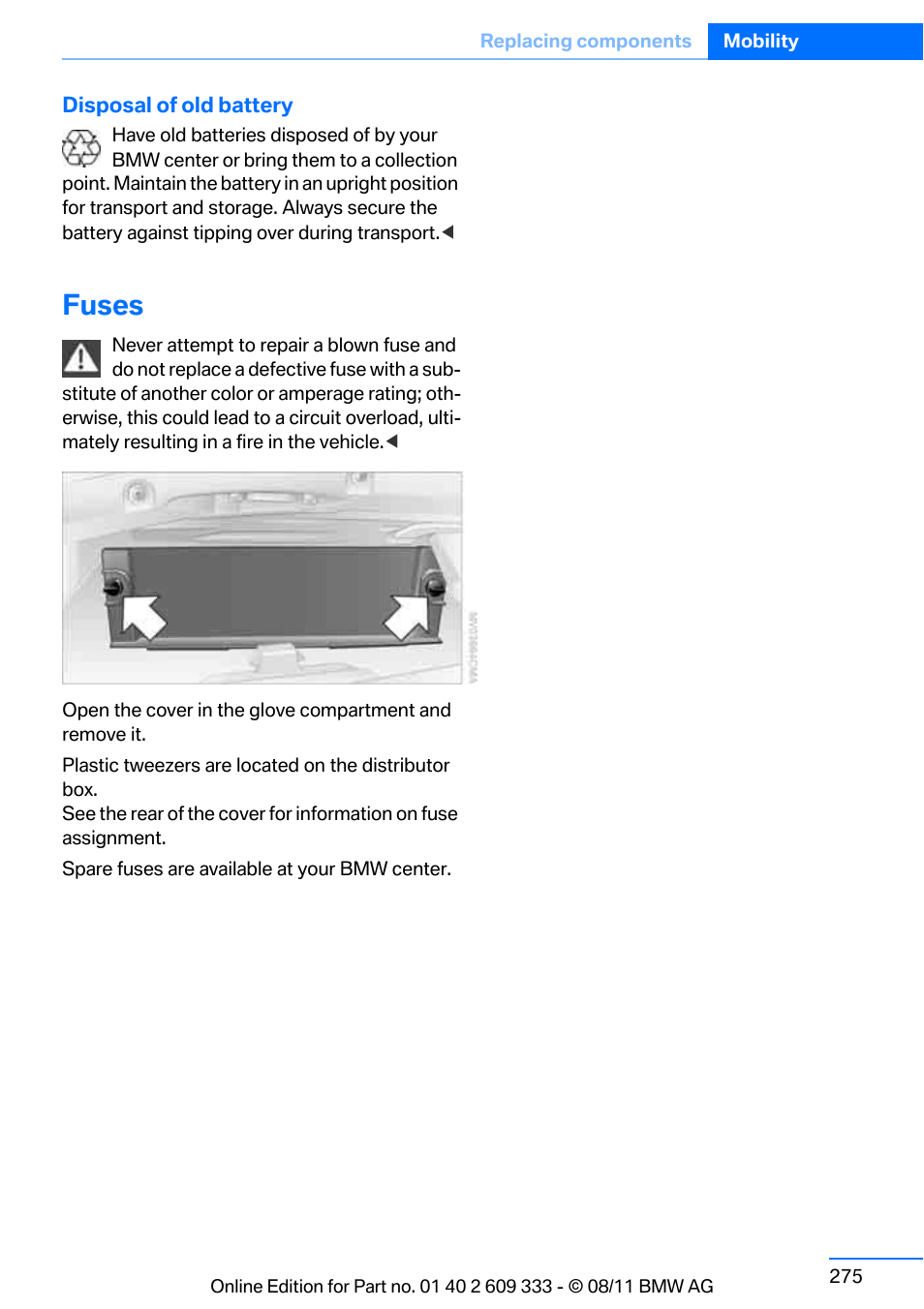 Fuses | BMW 2012 3 Series M3 Сoupe User Manual | Page 276 / 314