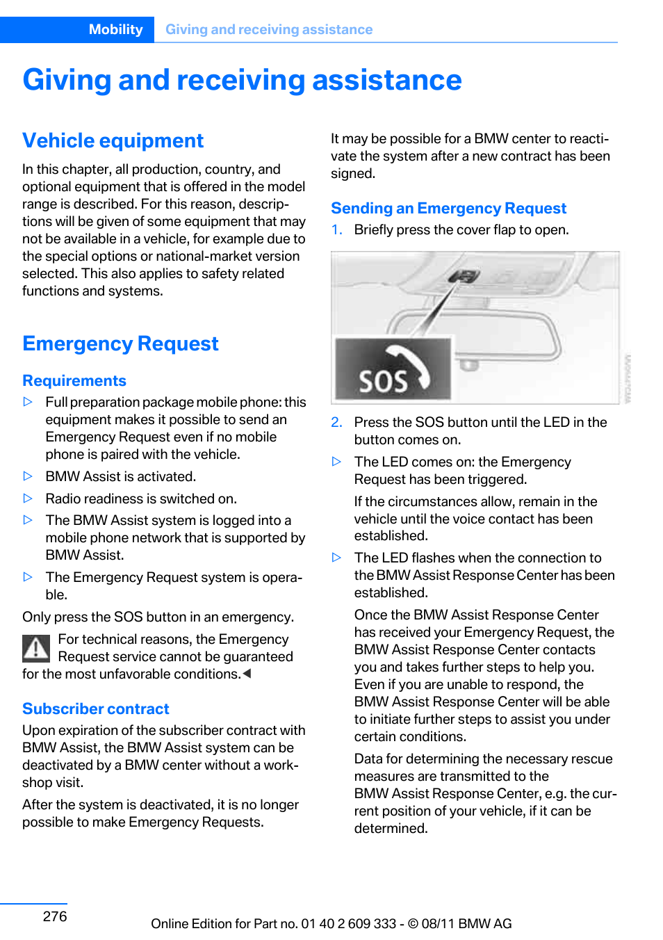 Giving and receiving assistance, Vehicle equipment, Emergency request | Request | BMW 2012 3 Series M3 Сoupe User Manual | Page 277 / 314