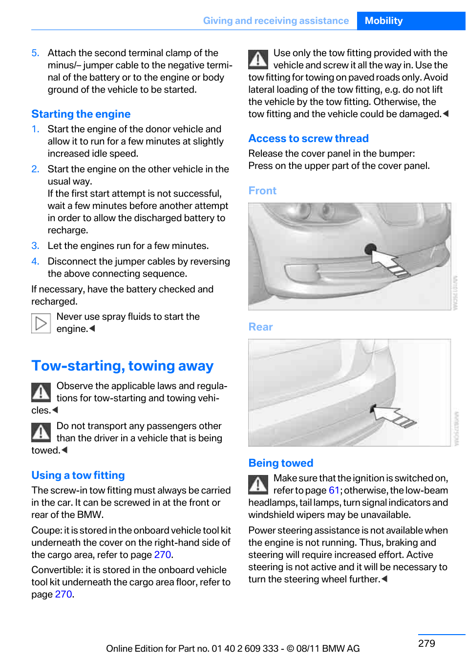 Tow-starting, towing away | BMW 2012 3 Series M3 Сoupe User Manual | Page 280 / 314