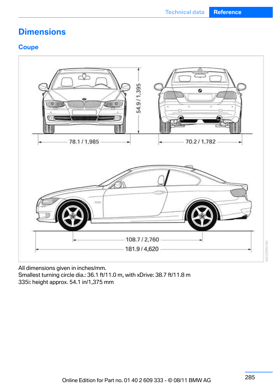 Dimensions | BMW 2012 3 Series M3 Сoupe User Manual | Page 286 / 314