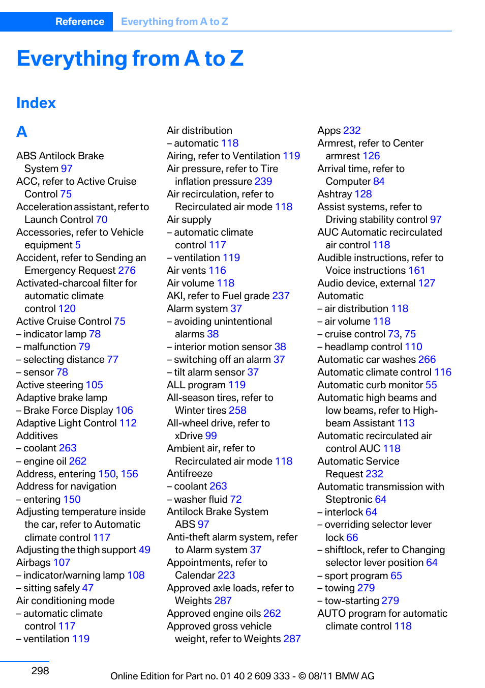 Everything from a to z, Index, Index a | BMW 2012 3 Series M3 Сoupe User Manual | Page 299 / 314