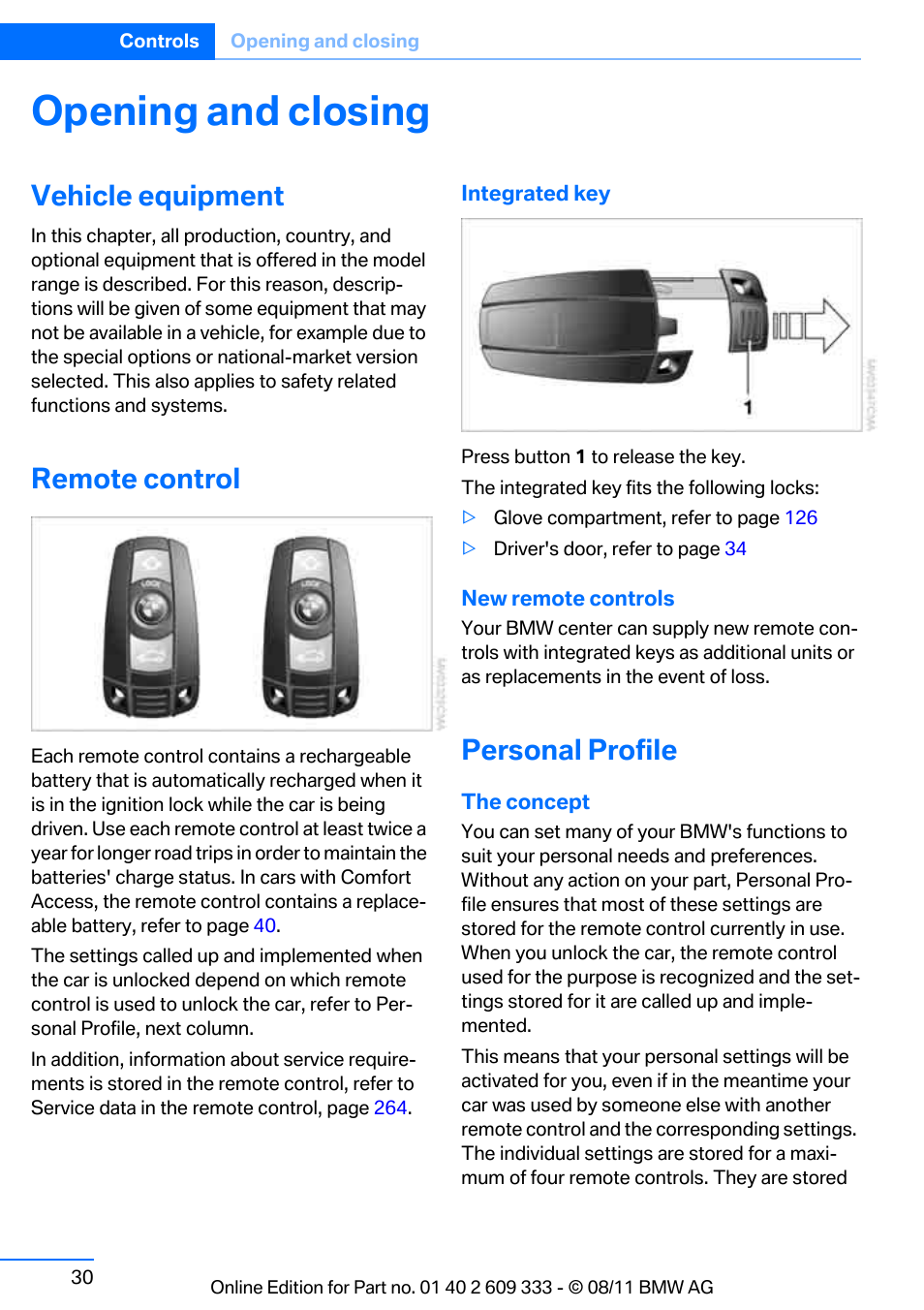 Opening and closing, Vehicle equipment, Remote control | Personal profile | BMW 2012 3 Series M3 Сoupe User Manual | Page 31 / 314