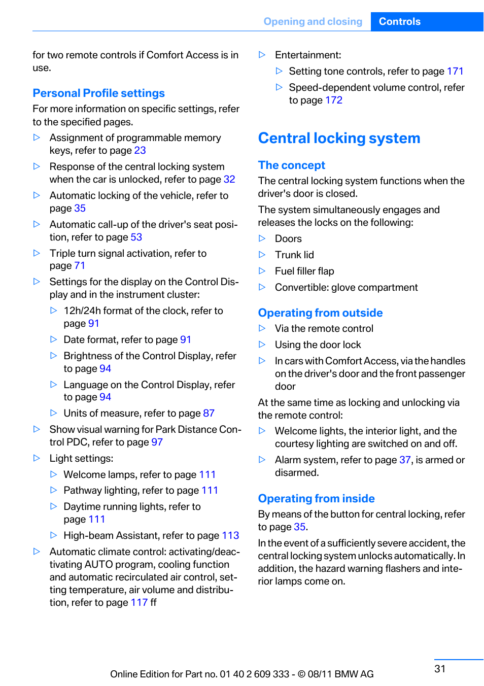 Central locking system | BMW 2012 3 Series M3 Сoupe User Manual | Page 32 / 314