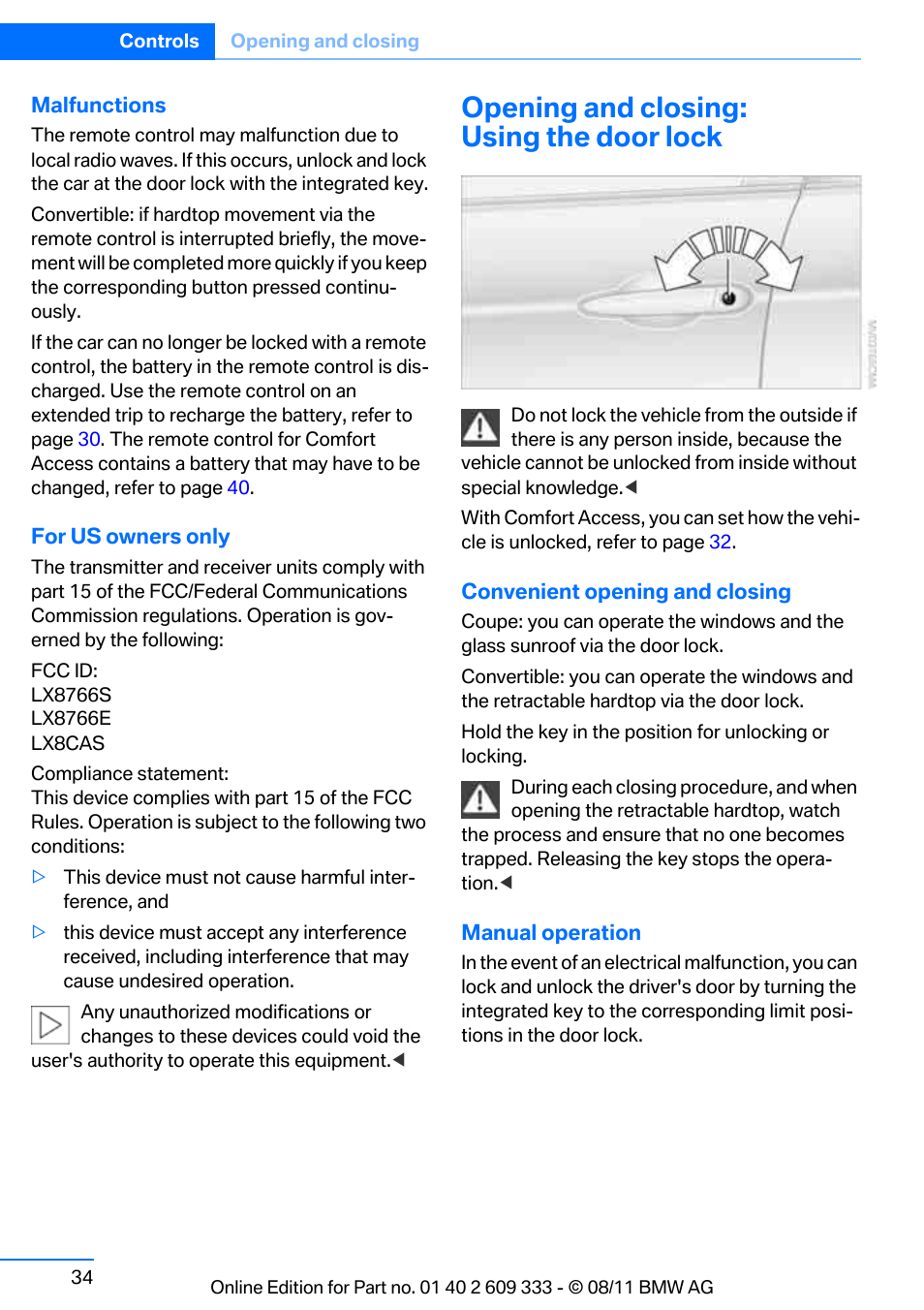 Opening and closing: using the door lock | BMW 2012 3 Series M3 Сoupe User Manual | Page 35 / 314