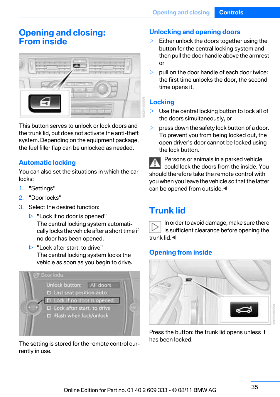 Opening and closing: from inside, Trunk lid, System | BMW 2012 3 Series M3 Сoupe User Manual | Page 36 / 314