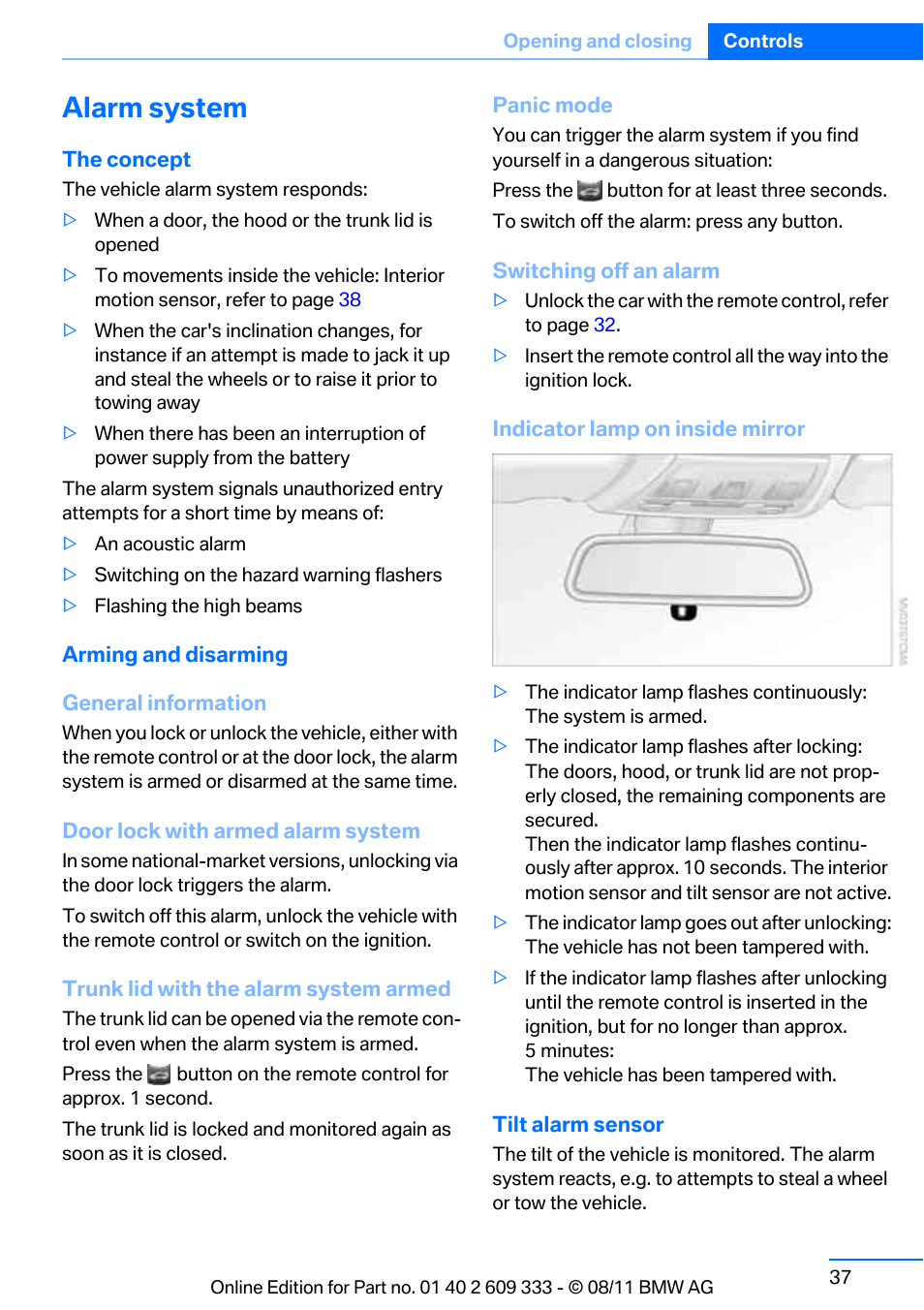 Alarm system | BMW 2012 3 Series M3 Сoupe User Manual | Page 38 / 314