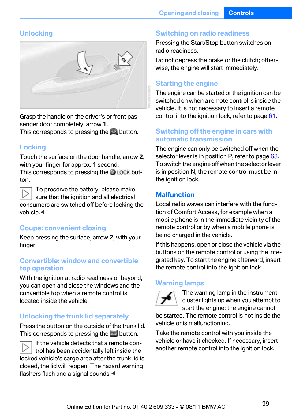 BMW 2012 3 Series M3 Сoupe User Manual | Page 40 / 314