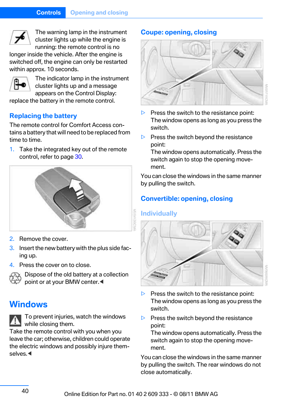 Windows | BMW 2012 3 Series M3 Сoupe User Manual | Page 41 / 314